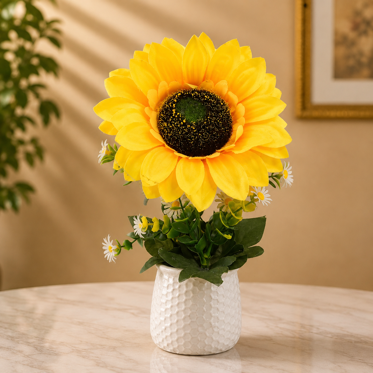 Pack of 4 Artificial Sunflower Plants with Decorative White Pots