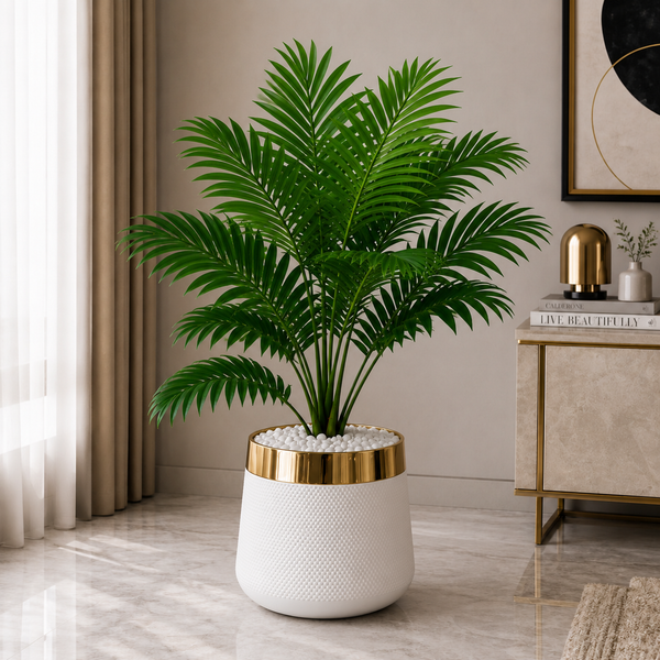 Luxury White & Gold Textured Indoor Planter with Artificial Palm Plant