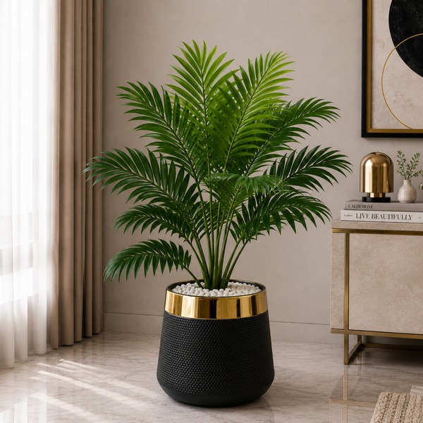 Luxury Black & Gold Textured Indoor Planter with Artificial Palm Plant