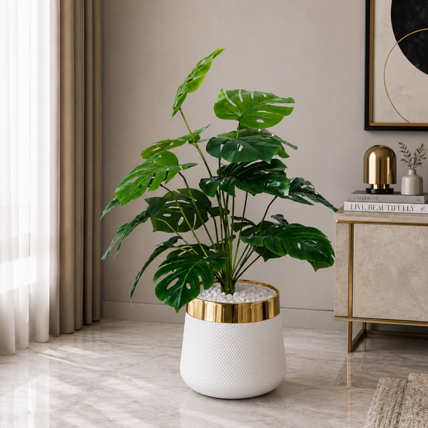 Artificial Monstera Plant with Premium White & Gold Decorative Pot