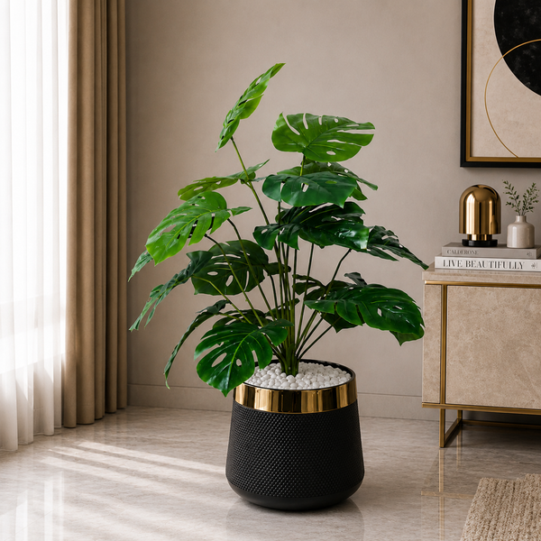 Artificial Monstera Plant with Black Textured Gold Pot